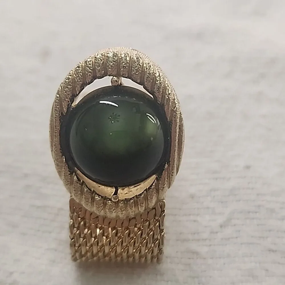 Cufflinks & Tie Clip Swank Gold Tone Green Cabochon Wraparound Mesh Vintage